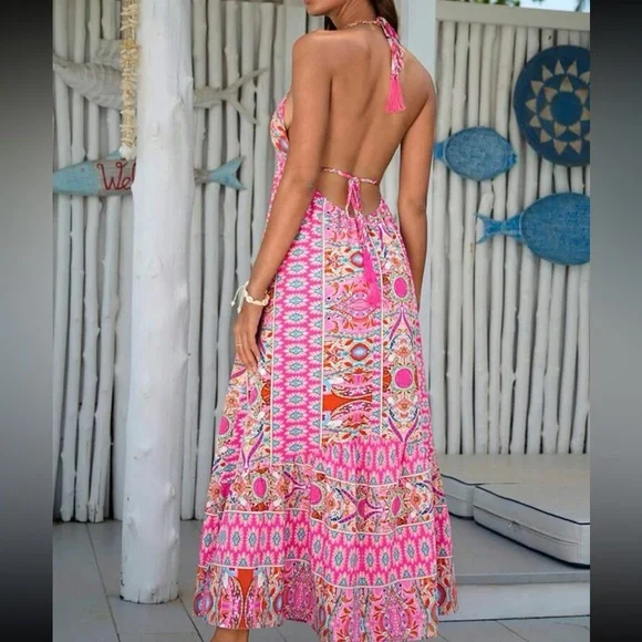 Boho Floral Paisley Print Backless Halter Maxi Dress